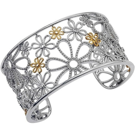 0.11 Carat T.W. Diamond Sterling Silver with 14kt Yellow Gold Accents Cuff Flower Bracelet (H-I I1)