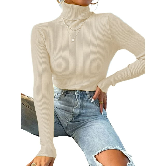 UKAP Women Knit Shirts Turtleneck Pullover Long Sleeve Tops Basic Work Sweater Apricot S