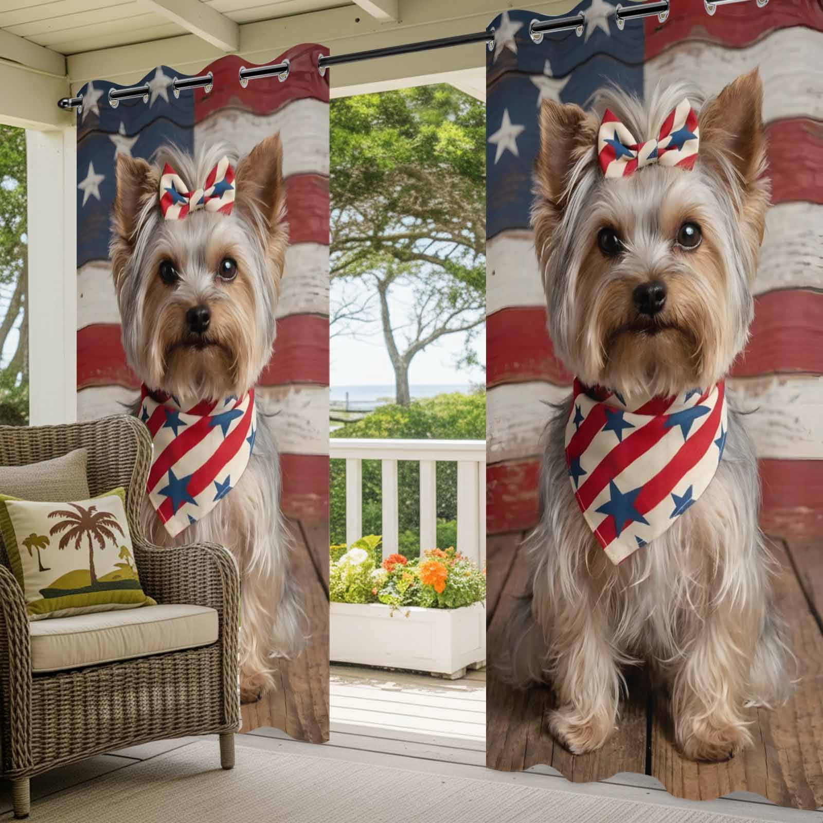 Patriotic Yorkshire Terrier Outdoor Curtains for Patio, Independence Day American Flag Sunshade Privacy Drapes Grommet Waterproof Outside Curtains for Porch/Cabana/Balcony 54"x 108", 1 Panel
