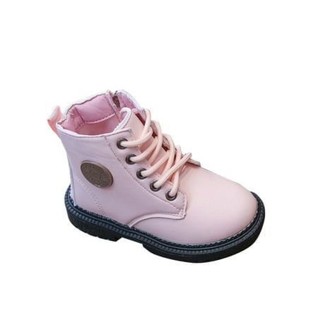 

Tenmix Unisex Kids Combat Boot Side Zipper Booties Casual Ankle Boots Lace Up Short Bootie School Winter Warm Slip Resistant Pink 11C