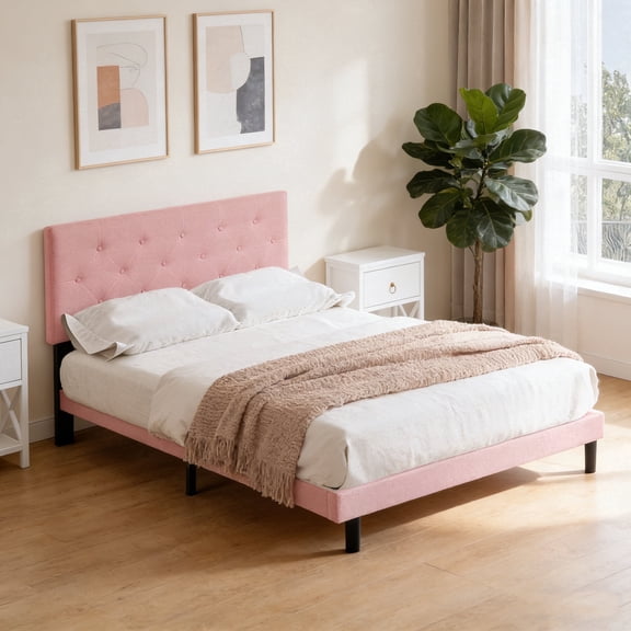 ASINMAK Full Size Linen Upholstered Bed Frame, Tufted Headboard, Wood Slat Support, No Box Spring Needed, Easy Assembly, Pink
