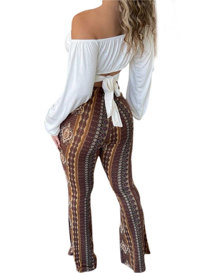 Lamuusaa Women's Boho High Waist Flare Pants Stretch Bell