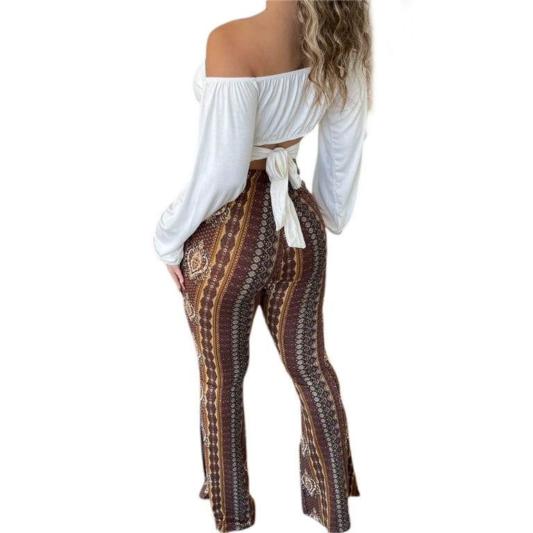 Kiapeise Women Boho Flare Pants High Waisted Stretch Bell Bottom