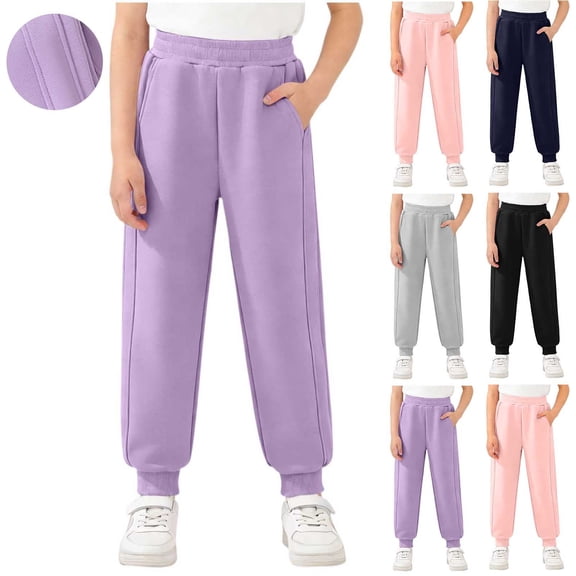 Cowsor Big Kids Boys Girls Solid Elastic Waist Long Pants With Pockets Casual Comfortable Daily Wear Bottoms For 3-13 Years Old
