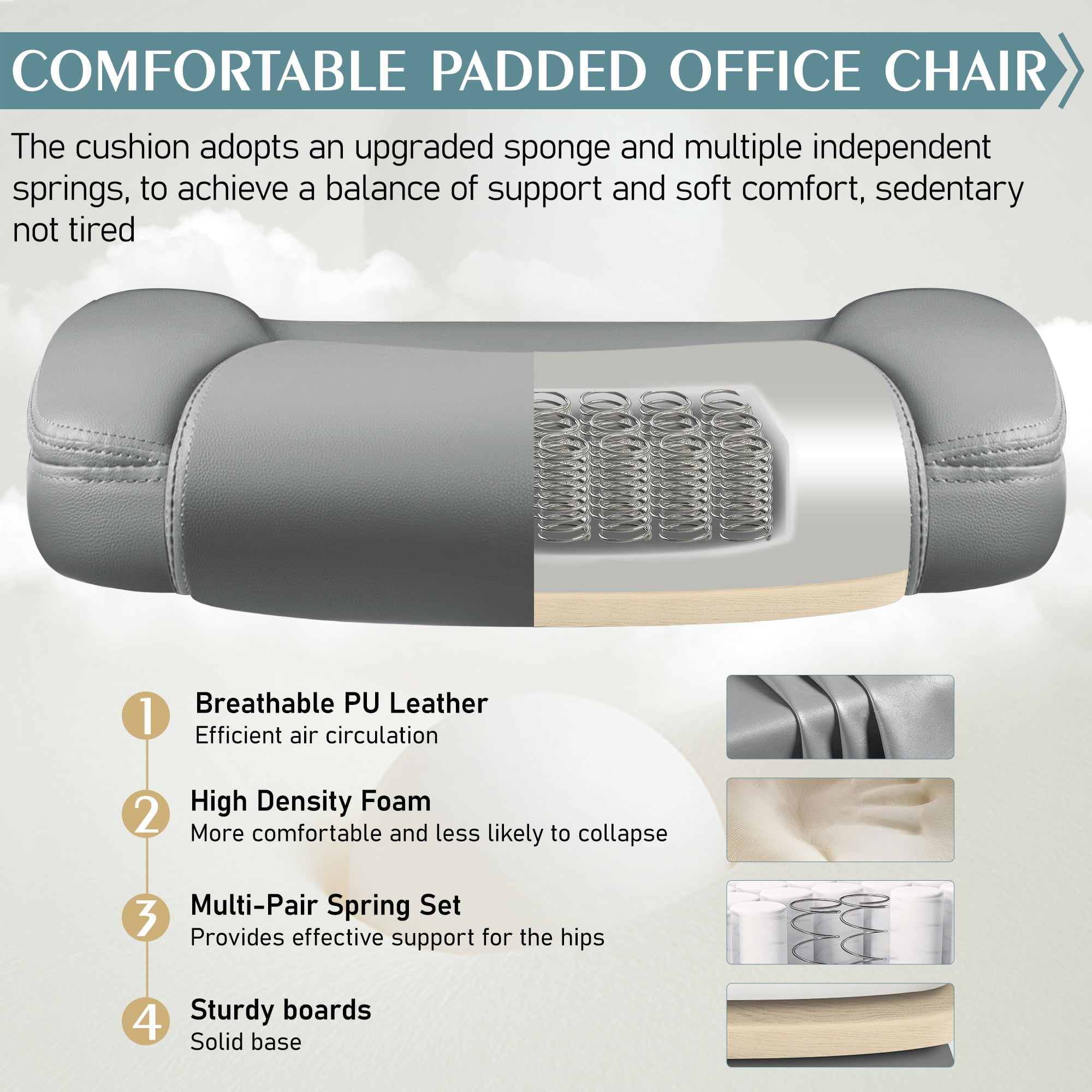 Brick Attic Leather Office Chair, Home Computer Desk Chairs with Ergonomic Back Support, 360°Swivel Free, Small Gaming Chair with Wheels and Adjustable Armrests, Gray