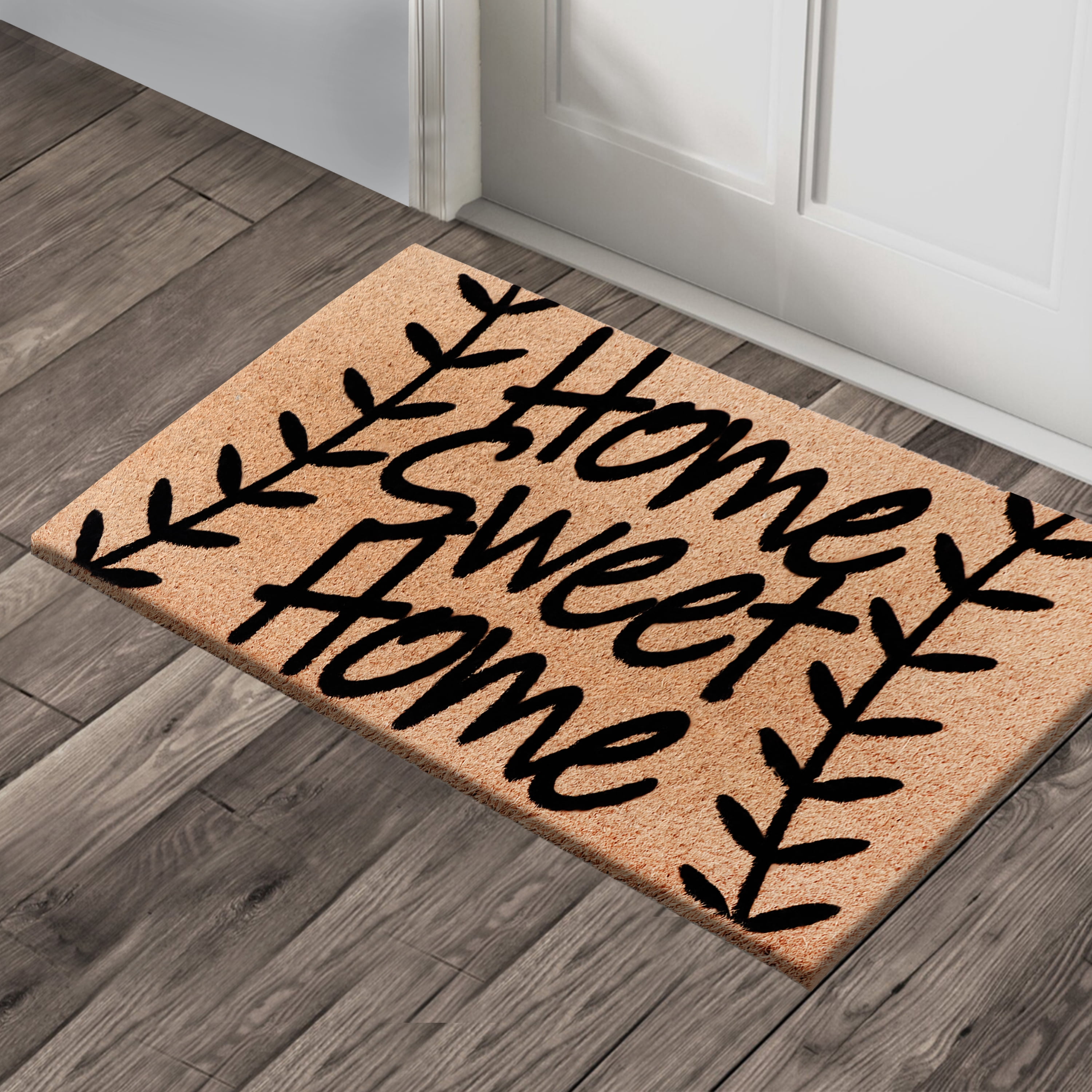 A1HC Natural Coir Flocked Doormat, Leafy Home Sweet Home Black , 24"x36", Durable Outdoor Welcome Mat, Non-Slip, Pet Friendly