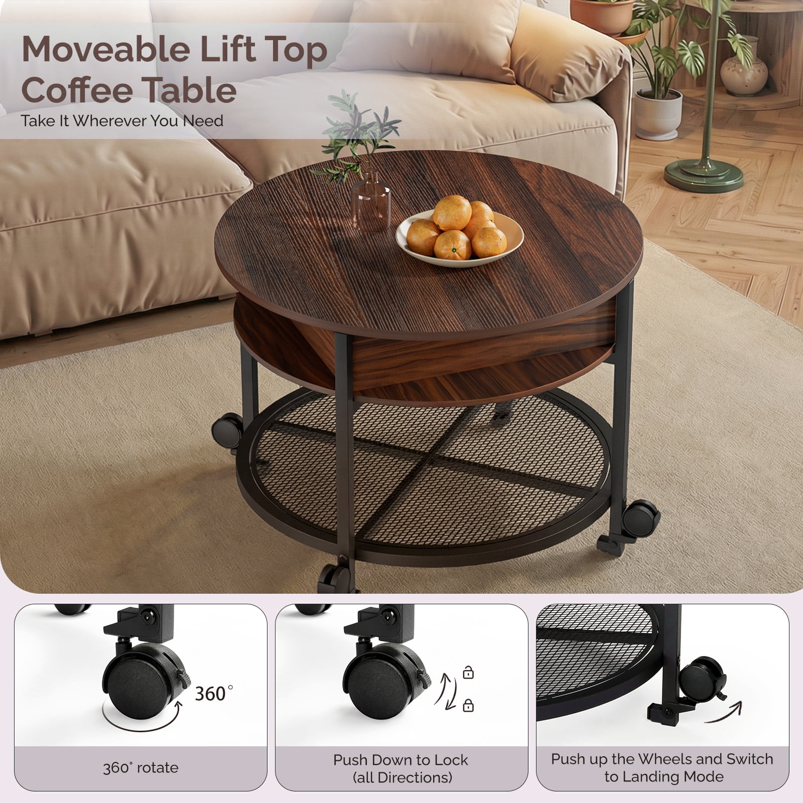 Ktaxon Mid-Century Coffe Table with Lift Top, 26.7" Round Coffee Table with RGB, Storage and Rolling Wheels, Modern Center Table for Small Spaces, Rustic Brown