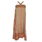 Mogul Women's Wrap Around Skirt Beige Red Printed Silk Sari 2 Layer Reversible Magic Skirts