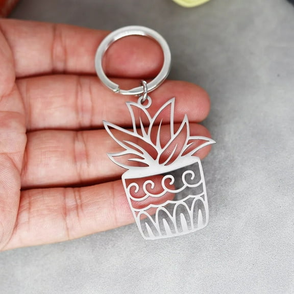Potted Plant Car Keychain Stainless Steel Fashion Keyring Bag Pendant Creative Potting Key Chain for Women Friends Gift