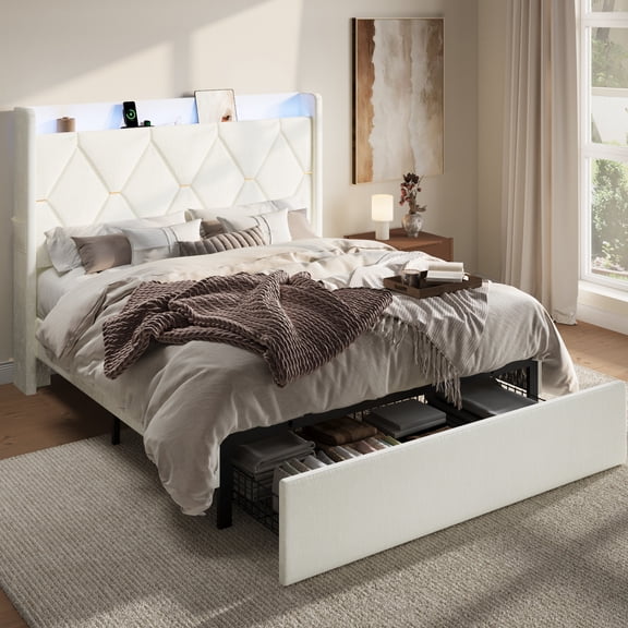 SHA CERLIN Queen Size Platform Bed Frame with Storage Drawer, LED Lights & Charging Station, Upholstered Wingback Headboard, Diamond Tufted Design, Cream White