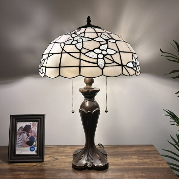 Tiffany Table Lamp White Stained Glass Flowers Included LED Bulbs For Living Room Bedroom Bedside 16"W*16"D*24"H