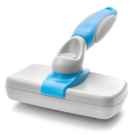 Self cleaning slicker brush for dogs and cats professional pet grooming brush for medium long hair gentle detangling removes loose fur and mats promotes coat easy clean able bristles white and blue
