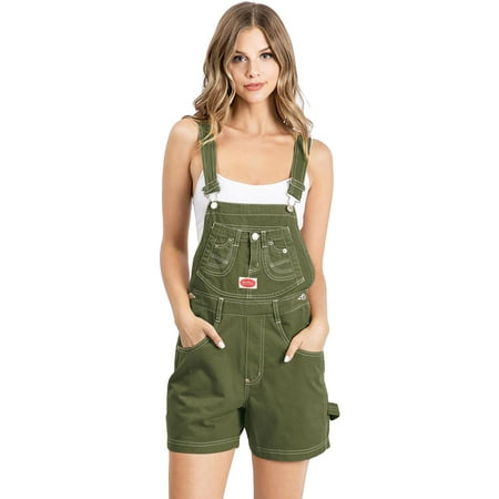Revolt Women's Juniors Casual Classic Soft Twill Short Overalls (Bold Olive, Large)