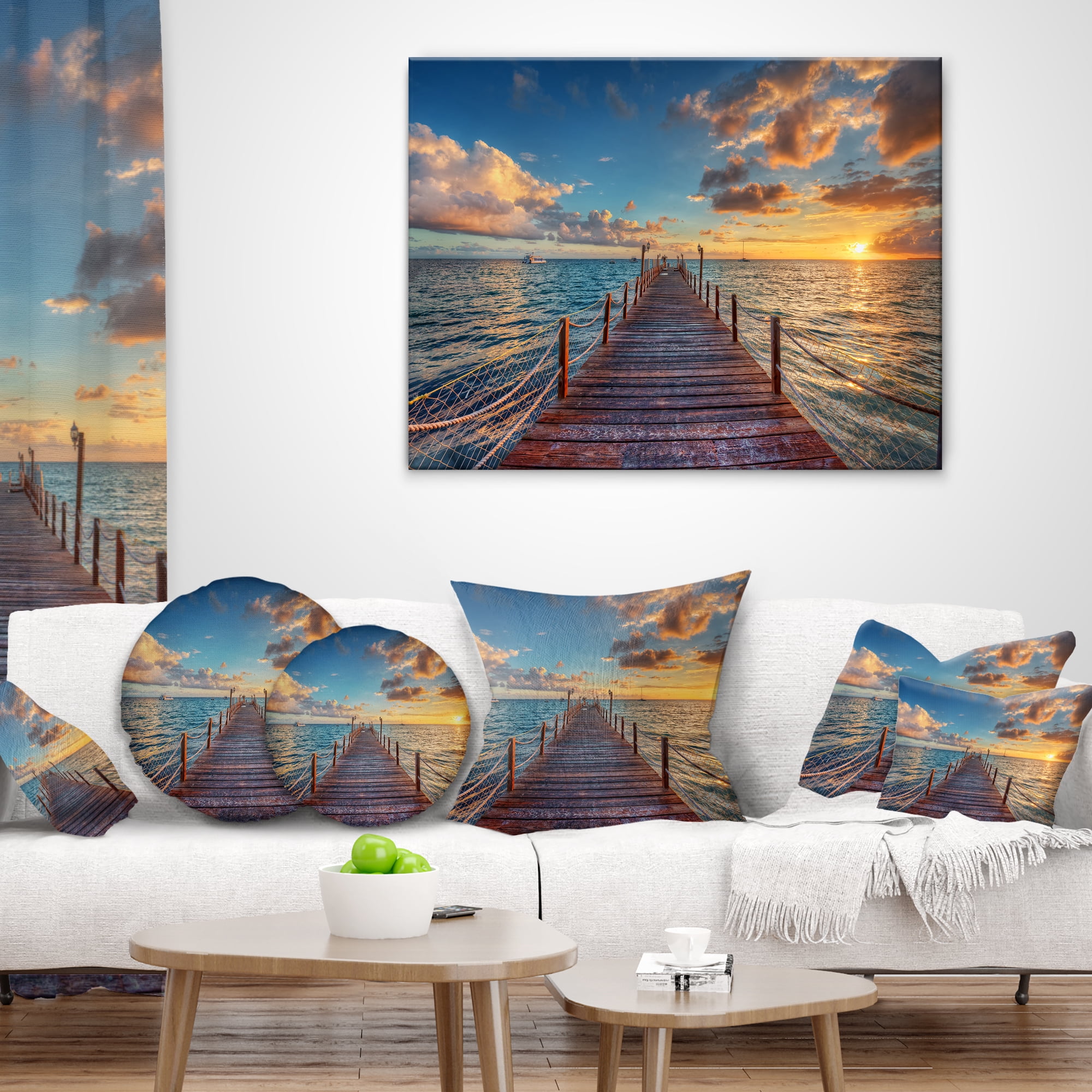 Designart Brilliant Sunrise over Sea Pier - Modern Throw Pillow - 18x18
