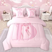jejeloiu Bowknot Monogrammed D 7-Piece Bedding Comforter Set,Kawaii Bow Tie King Bedding Sets,Pink Cartoon Bowtie Bed Sheets For Girl Teens,Ultra Soft Bedroom Decor Reversible