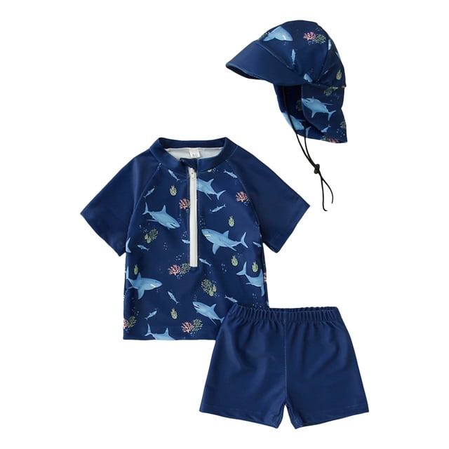 NIEWTR Boys Rash Guard Swimsuits Set for Boys 2 Piece Short Sleeve Bathing Suits Swim Shirts Zipper Front with Hat(Blue,4-5 Years)