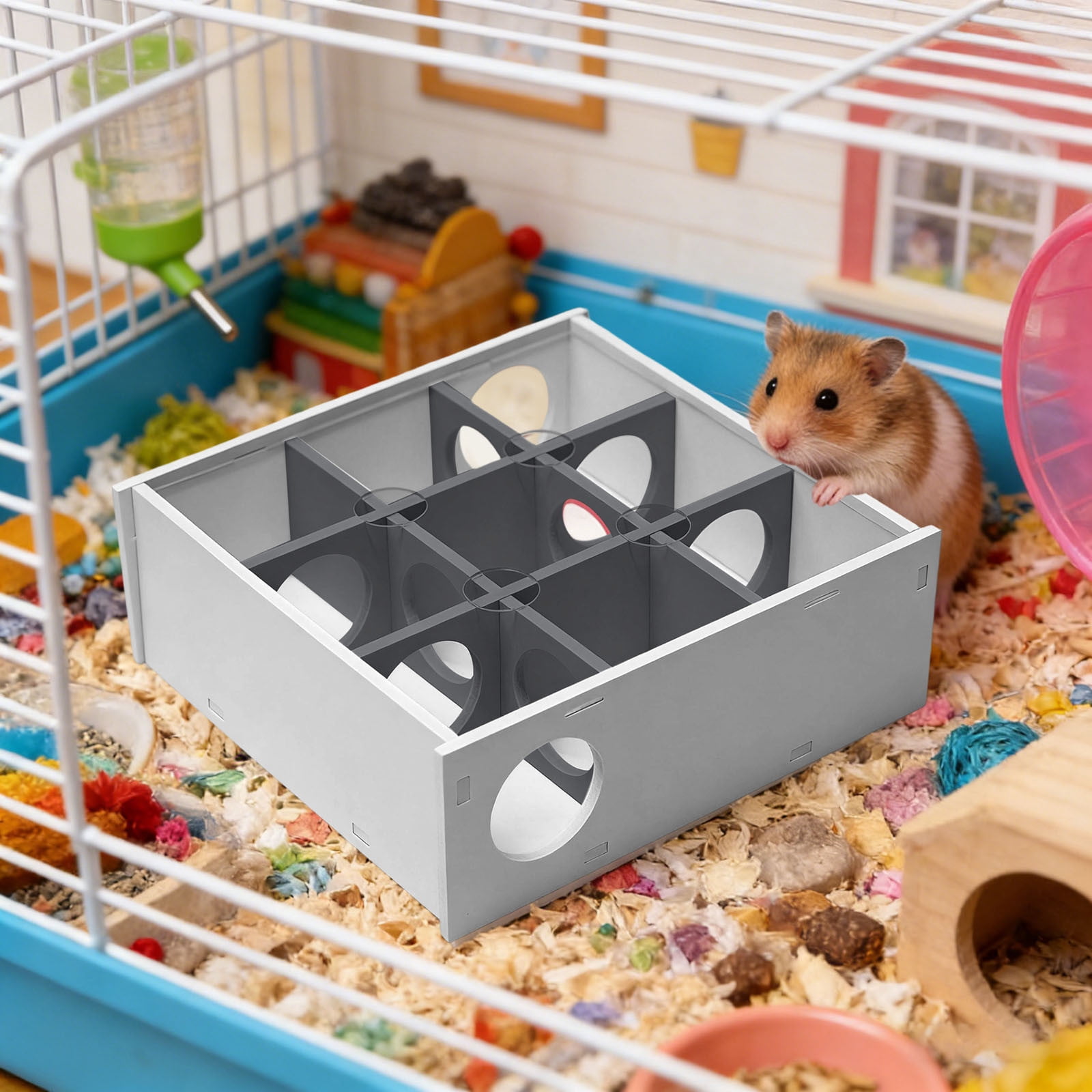 Hamster Maze Hideout - Interactive Wooden Enrichment Toy Multi-Chamber 9-Room Hamster Houses and Hideouts For Small Animals Hamsters Gerbils,Black
