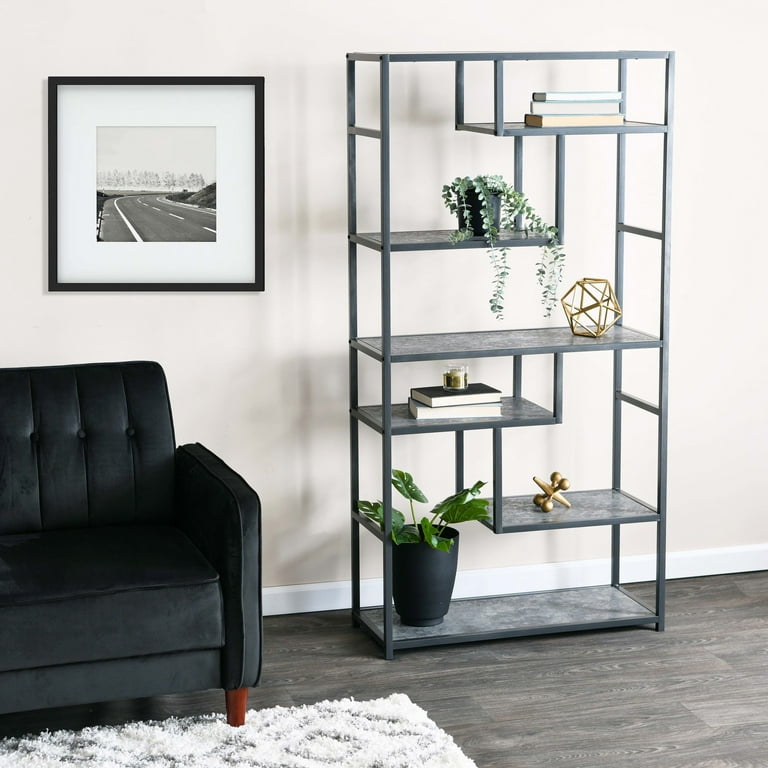 Household Essentials Faux Concrete Slate 6-Shelf Bookcase