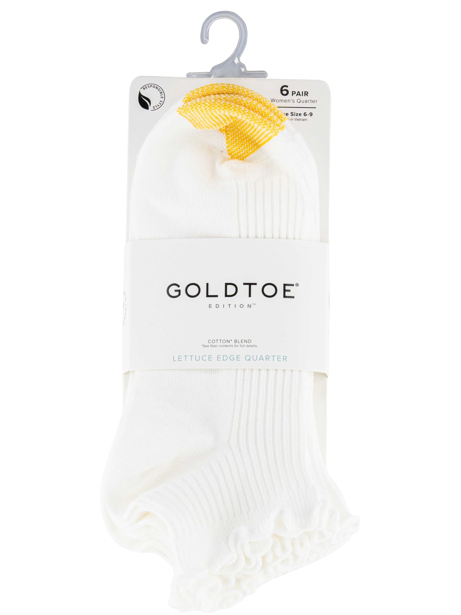 GoldToe Edition Women's Lettuce Edge Rib Quarter Socks White, 6 Pairs, Size 6-9