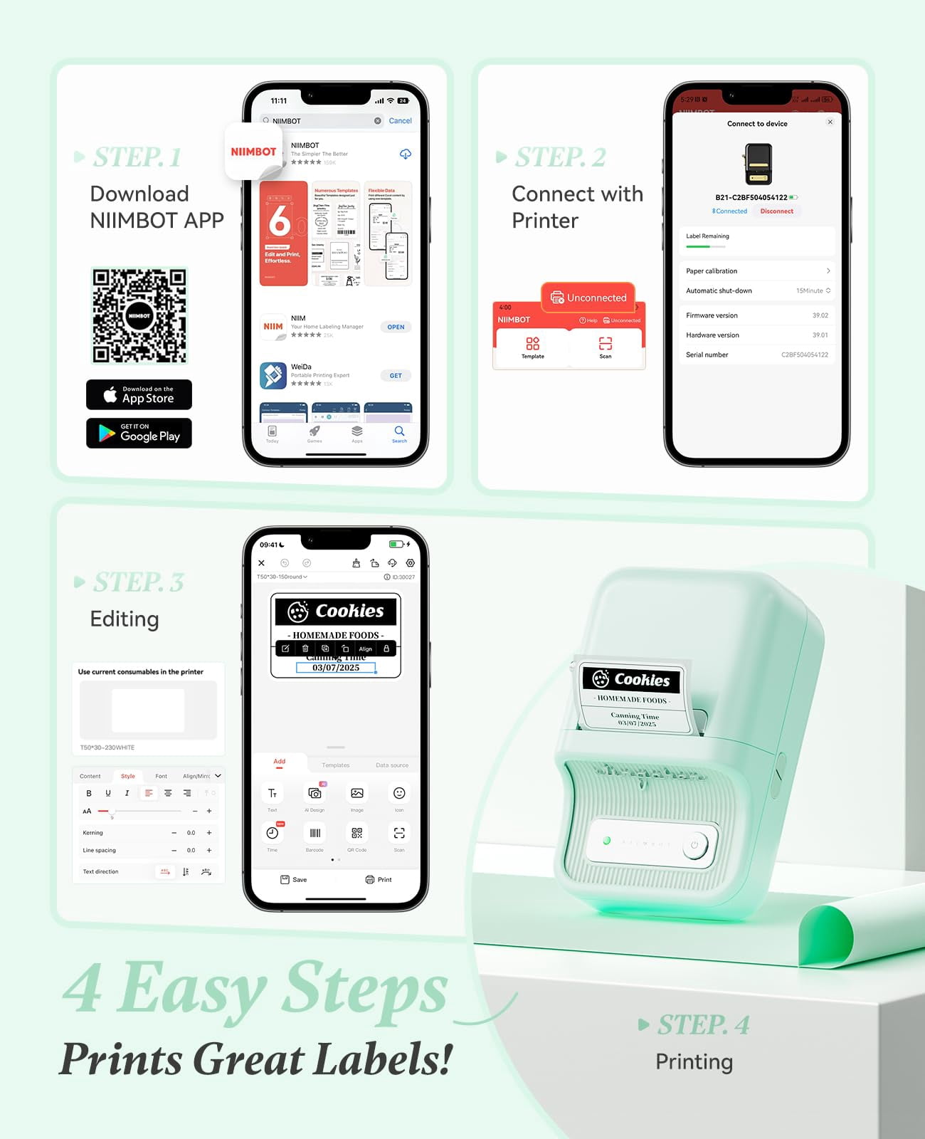 NIIMBOT B21 Label Maker Machine with Tape，2 Inch Inkless Sticker Printer Thermal Labeler for Price Address Label for Home Storage Office and Small Business,Mint Green