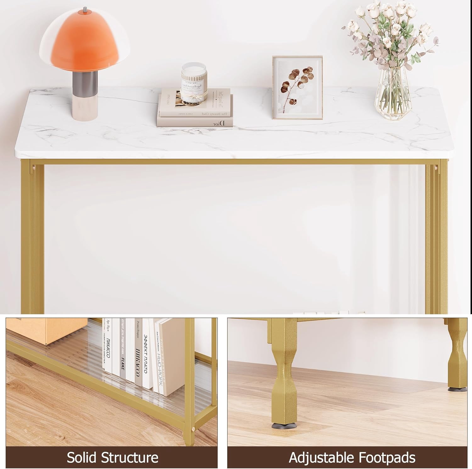 Console Table, Sofa Tables Narrow Entryway Table with Glass Shelf and Metal Frame, 33.5" Behind Couch Table Industrial Hallway Table for Living Room, Foyer, Bedroom, Modern Gold