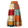 thumbnail image 5 of Women’s Patchwork Print Midi Skirt with Elastic Waistband and Pockets Casual A-Line Boho Style Lightweight Flowing Fabric Skirt Saffron 2XL, 5 of 6