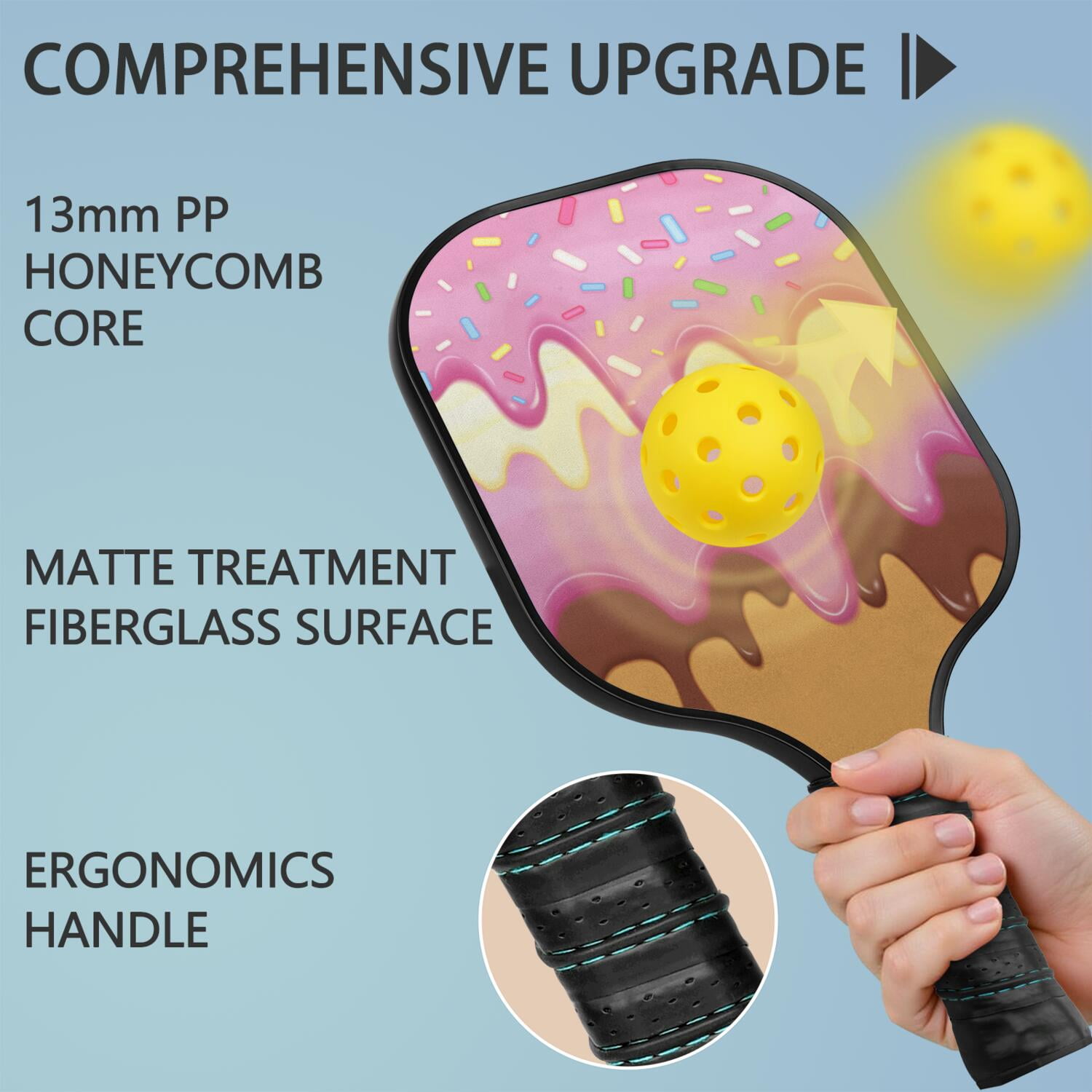 Pickleball Paddles Set Of 2, Fiberglass Surface, Sweet Candy Print, 4 Balls & Bag