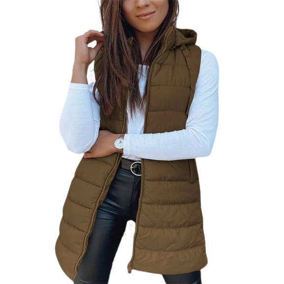 Fall Winter Women Sleeveless Long Vest Hooded Puffer Zipper Outwear Vest