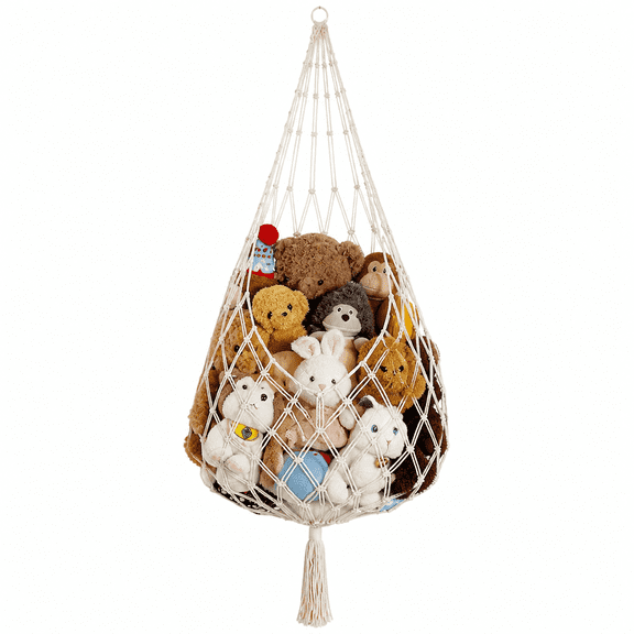 Macrame Stuffed Animal Storage Net, Cream Boho Plush Toy Hammock, Hanging Corner Organizer for Nursery Kids Room Bedroom.