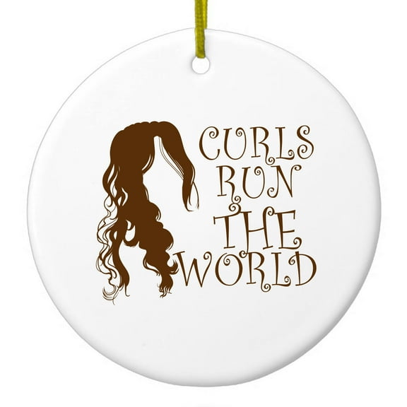 DistinctInk Hanging Ceramic Christmas Ornament - Curls Run the World - Gold String, 2-3/4 inch Diameter