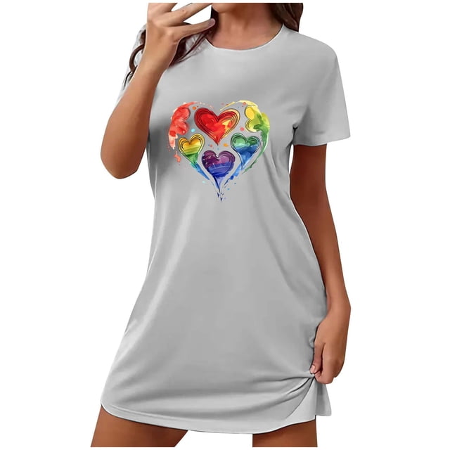Robe de Nuit pour Femmes, Chemises de Nuit de la Saint-Valentin, Manches Courtes, Col Rond, Mignonne, Confortable, Ample, Gris P