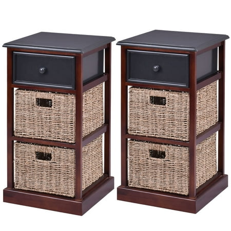 Gymax 2pcs 2 Basket 3 Tier Nightstand 1 Drawer End Table Organizer Gymax 2pcs 2 Basket 3 Tier Nightstand 1 Drawer End Table Organizer Wood Brown