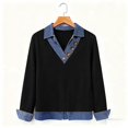 thumbnail image 6 of SELONE Oversized Denim Shirt Women Buttons Collared Tops Long Sleeved Casual Pullover Color Block Outerwear Black S, 6 of 7