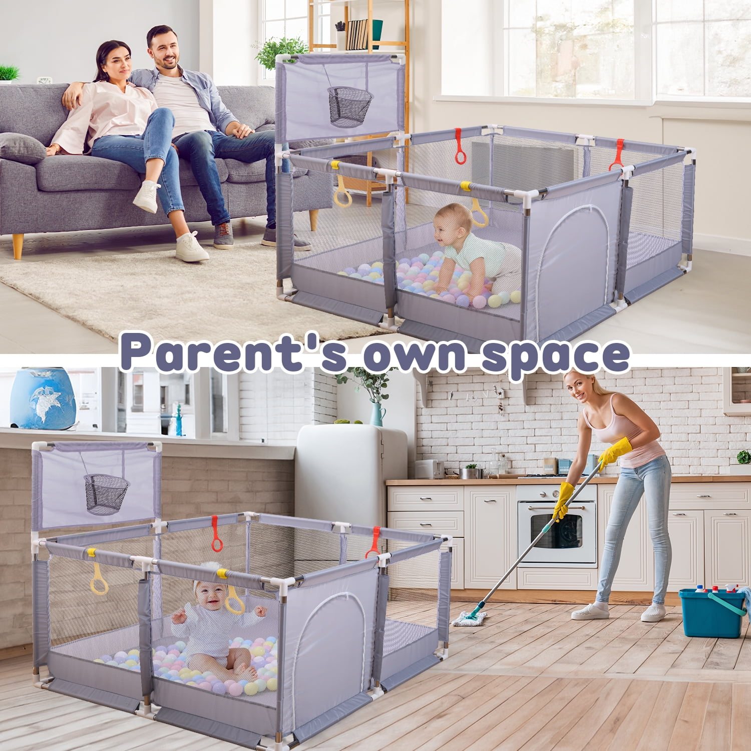 JoyStone 50 x 50 Baby Playpen with 30 Ocean Balls, Soft Mesh Sides, Basketball Hoop & Pull Rings, Indoor Baby Fence for Toddlers, Grey