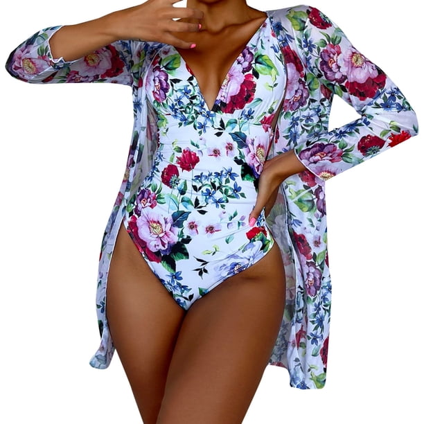 MKLEKYY Trajes De Baño Mujer Women Floral Print Swimsuits Deep V Neck Swimwear Women 2 Bathing Suit Sexy Monokini Suits Summer Wear Beach Cover Ups