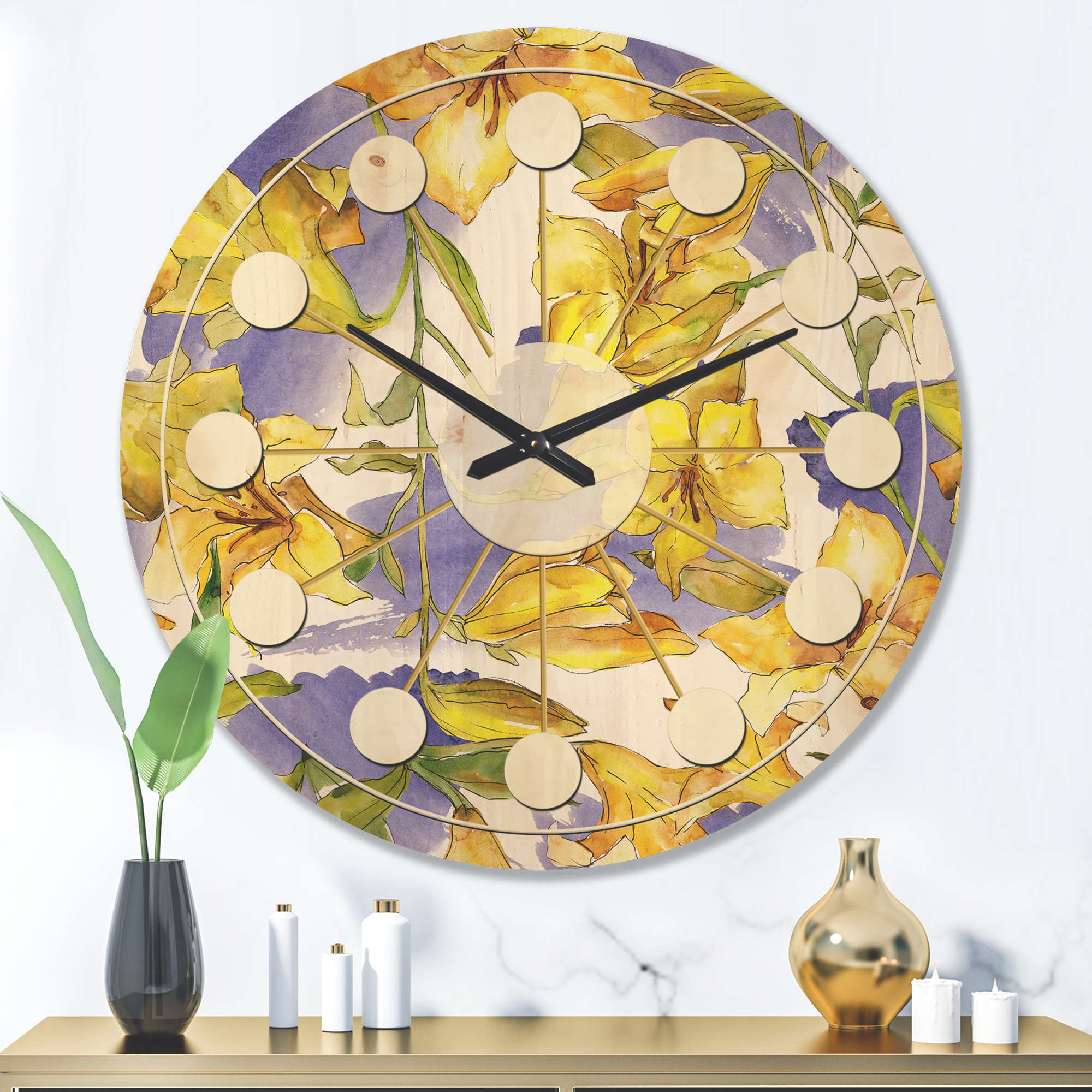 Designart 'Retro Abstract Poppies V' Mid-Century Modern Wood Wall Clock