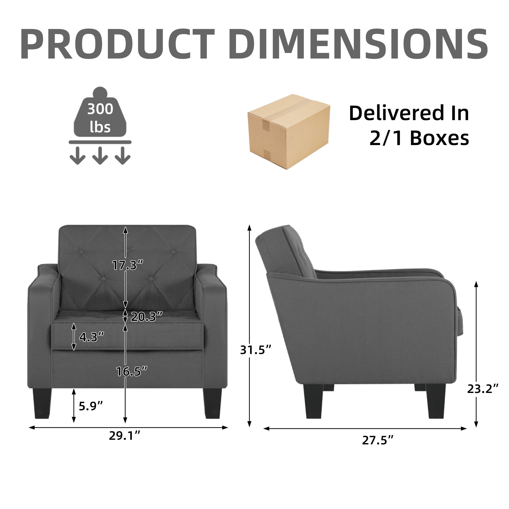 LAZZO Accent Chair, Comfy Tufted Living Room Arm Chair, Modern Upholstered Club Chair，Gray-2 Pack