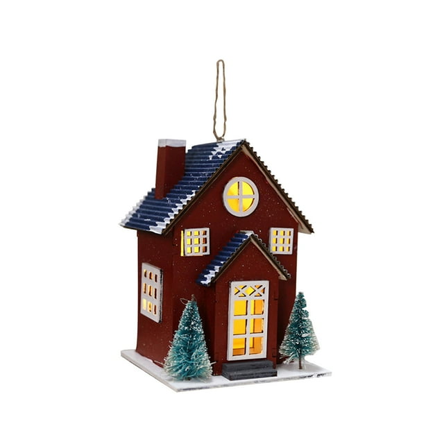 Mini decoraciones navideñas de madera, cabaña de madera coleccionable con iluminación LED Estilo E