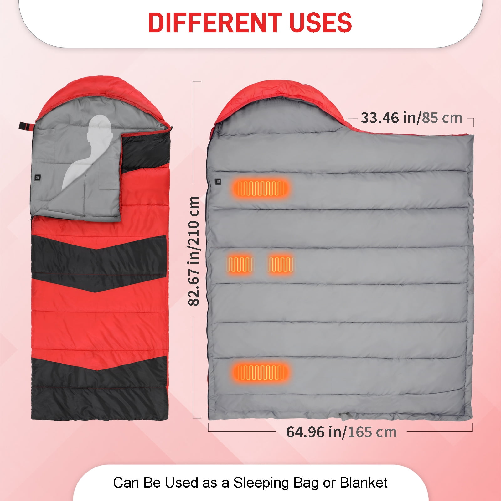 Ktaxon Heated Sleeping Bag,  Rectangular Lightweight Sleeping Bag with USB Powered Heating Pads for 14-50 °F, Compact Envelope Sleeping Bag for Camping Picnic Hiking, Red