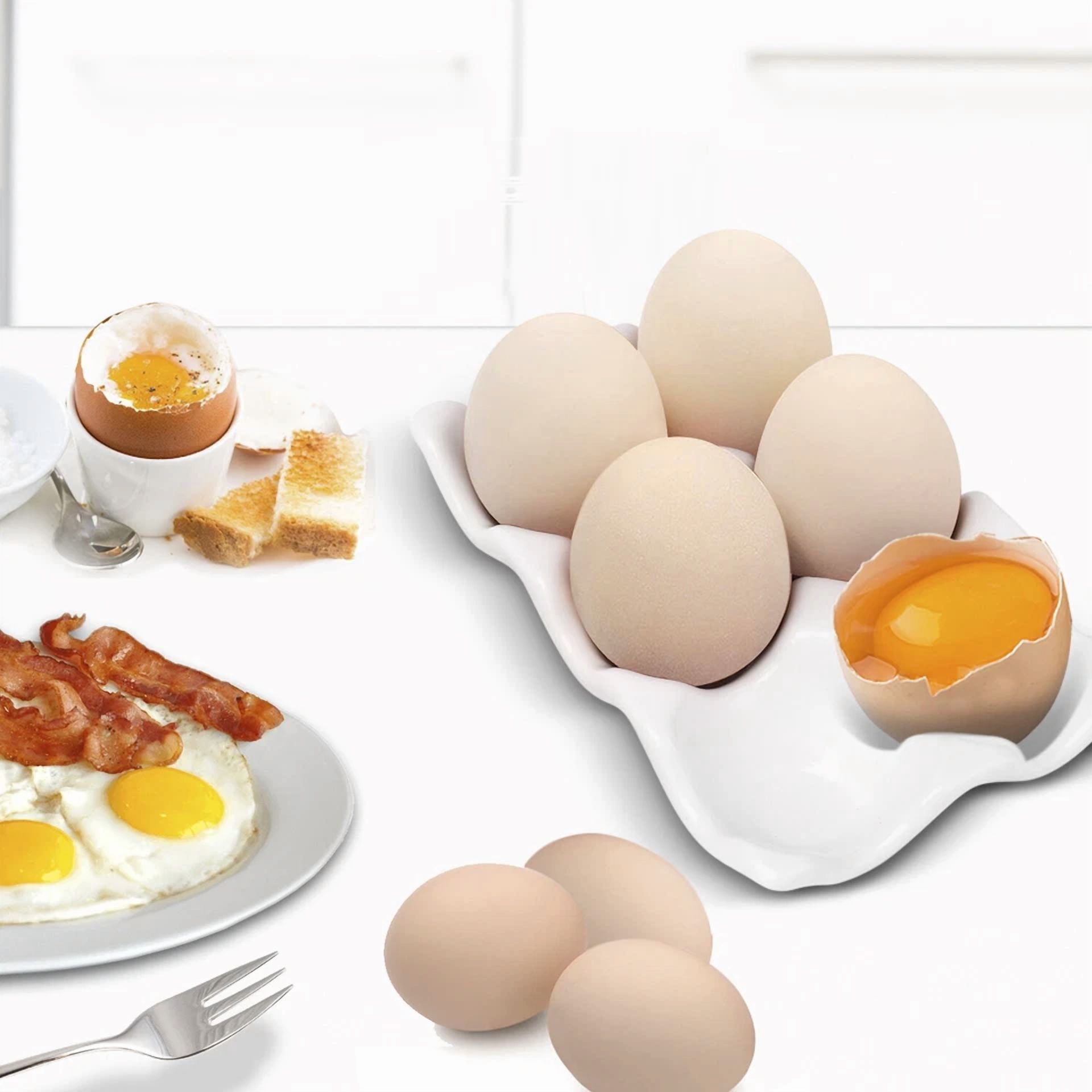 CIRCLE- Ceramic Egg Tray 6 Cup Egg Holder Container For Refrigerator Fridge (White)