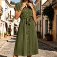 thumbnail image 4 of ClodeEU Women's Collar Cap Sleeve Drawstring Waist Button Midi Shirt Dress,Casual Summer Dress Army Green,Women's Plus L, 4 of 5