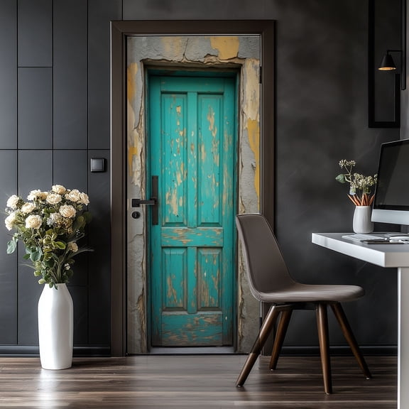 Door Stickers Peel and Stick Door Mural Weathered Turquoise Wooden Doors Peeling Paint Rustic Removable Wallpaper 30.3''x78.7'' Self-Adhesive Mural for Kitchen Living Room Bedroom Decor