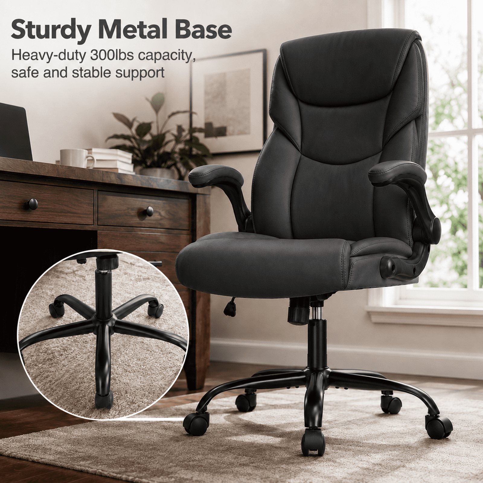 Alvantor PU Leather Executive Office Chair, Ergonomic Big and Tall Computer Desk Chairs, Breathable Leather Chair with Adjustable Flip-up Armrests, Adjustable Lumbar Support, Heavy Duty 300lbs