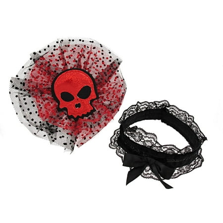 Gothic Red Glitter Skull Tulle Headpiece W/ Black Lace Choker