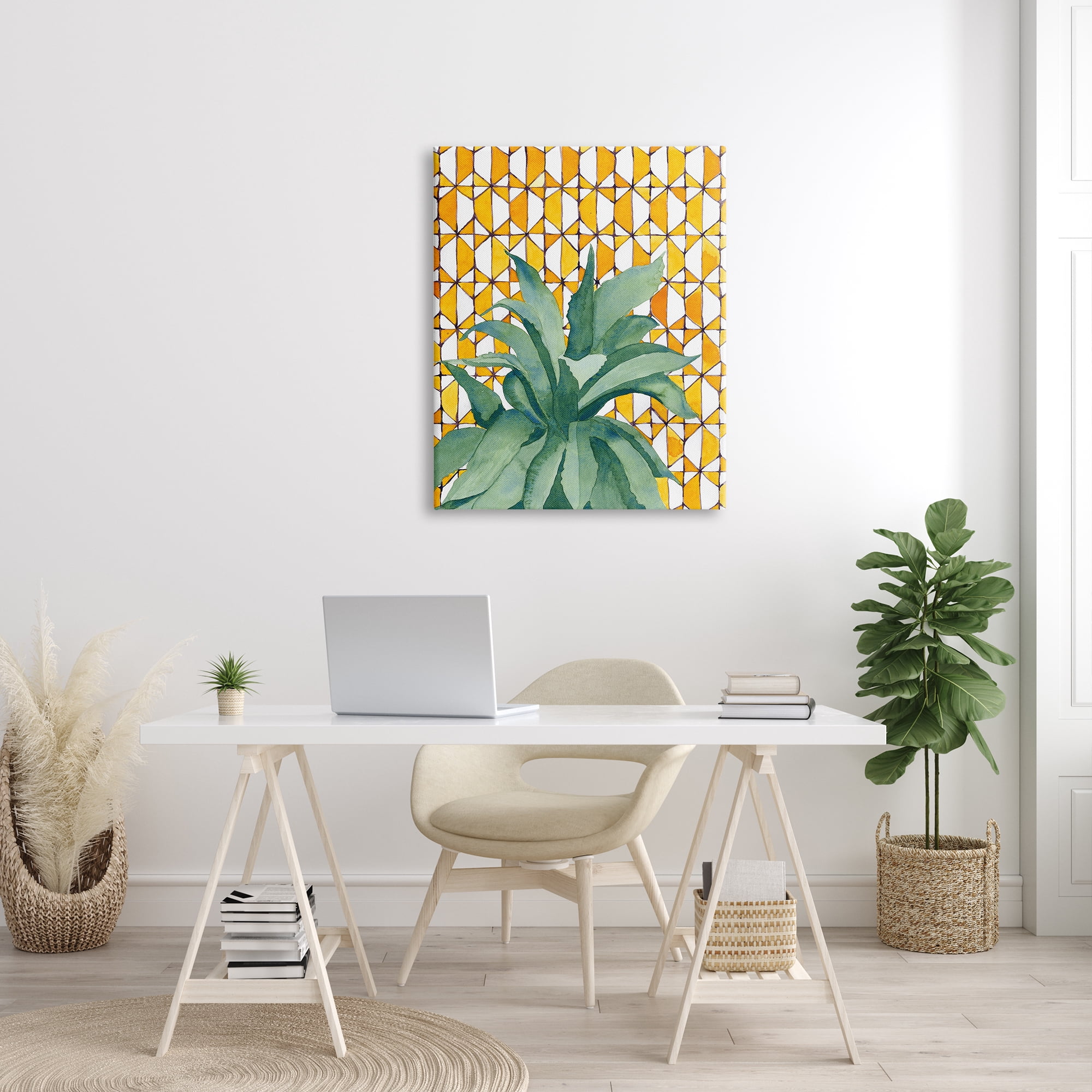 Stupell Industries Tropical Plant Fronds over Geometric Yellow Pattern Botanical & Floral Painting Gallery Wrapped Canvas Print Wall Art, 30 x 40