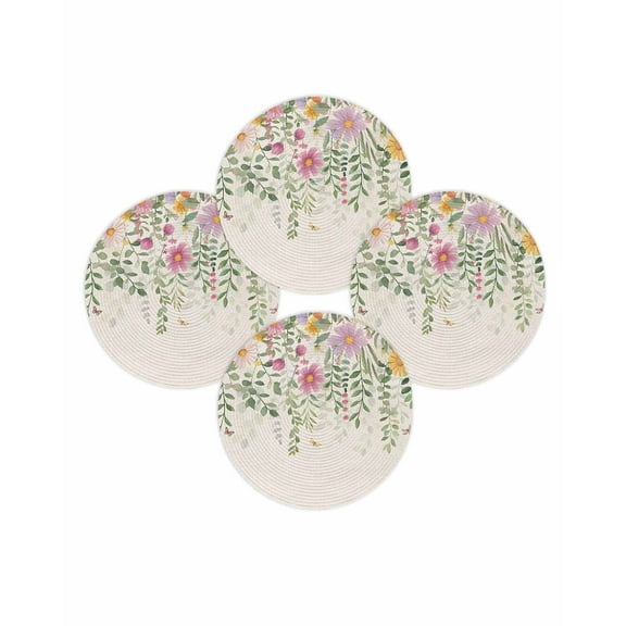 Round Placemats Set of 4 Spring Floral Place Mats Washable Woven Placemat Daisy Eucalyptus Leaves Linen Circle Braided Table Mat for Kitchen Dining Table Party Home Decor 15 Inch