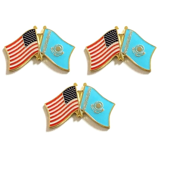 Kazakhstan & US Crossed Double Flag Lapel Pins, Pack of 3