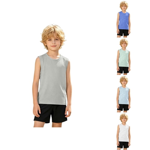 ZHOGXU Children Kids Boys Tank Top Sleeveless Round Neck Solid Color Summer Breathable Loose Fit Sport Tee Top For Outdoor Activities,Grey,6-7 Years