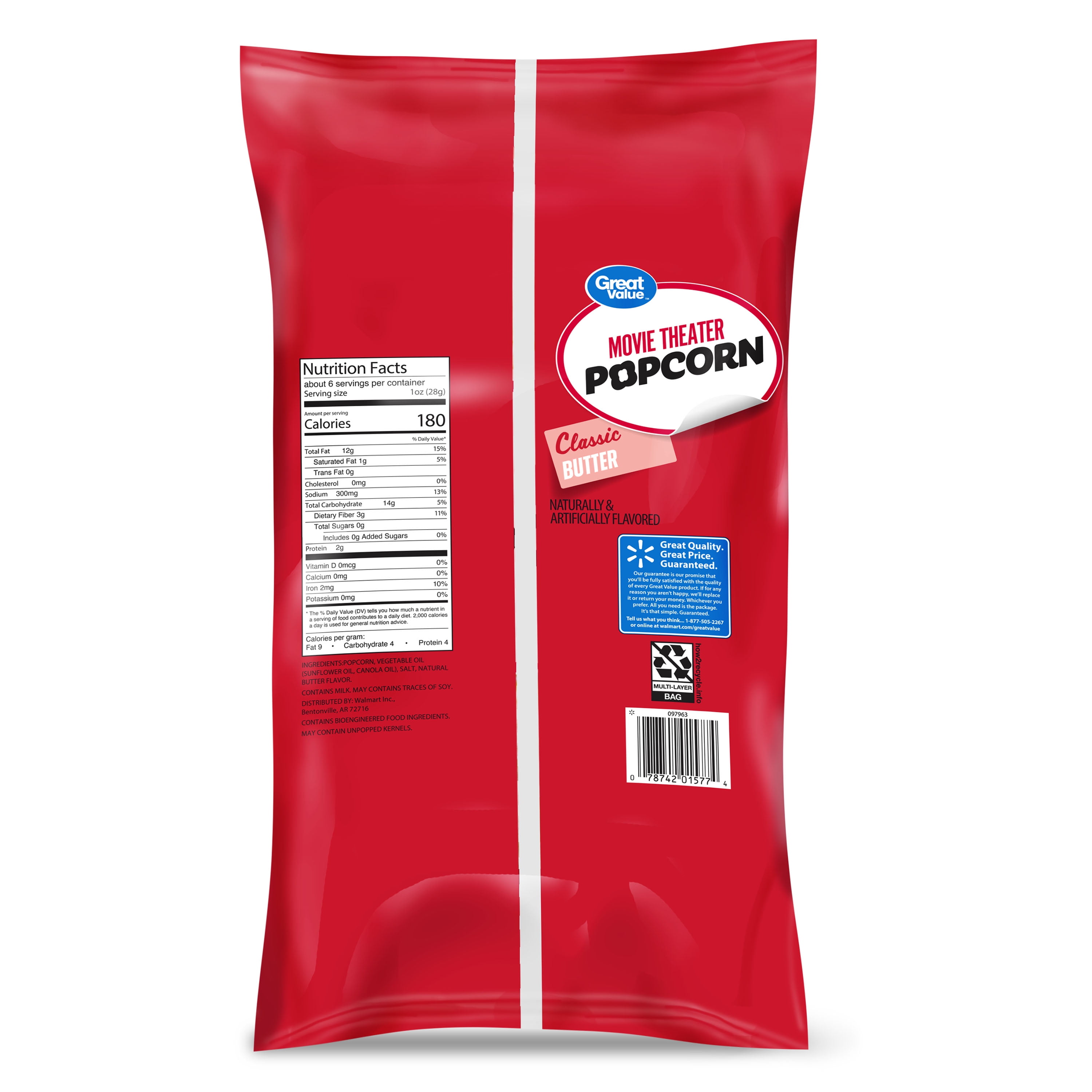 (8 pack) Great Value Classic Butter Movie Theater Popcorn, 6.25 oz