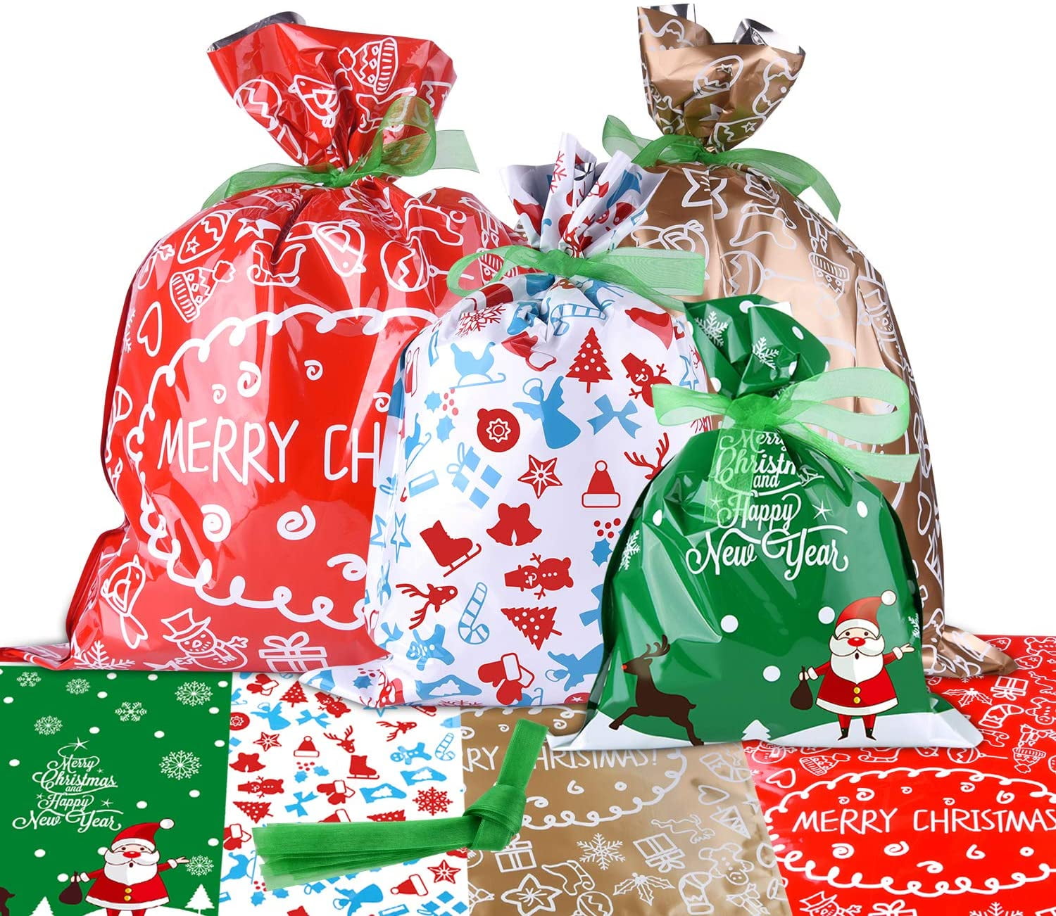 Large Size Christmas Gift Bags Gift Wrapping Assorted Gifts Styles Bags With Ribbon Ties For Christmas Wrapping Gifts (Style A-10Pcs)